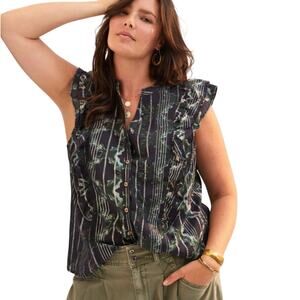 Pilcro Anthropologie Women's Top L Ruffled Button Down Black Sleeveless Blouse